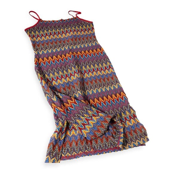 Vintage Y2K Eye Candy Zigzag Multicolor Knit Midi Dress With Red Spaghetti Strap - Picture 10 of 11
